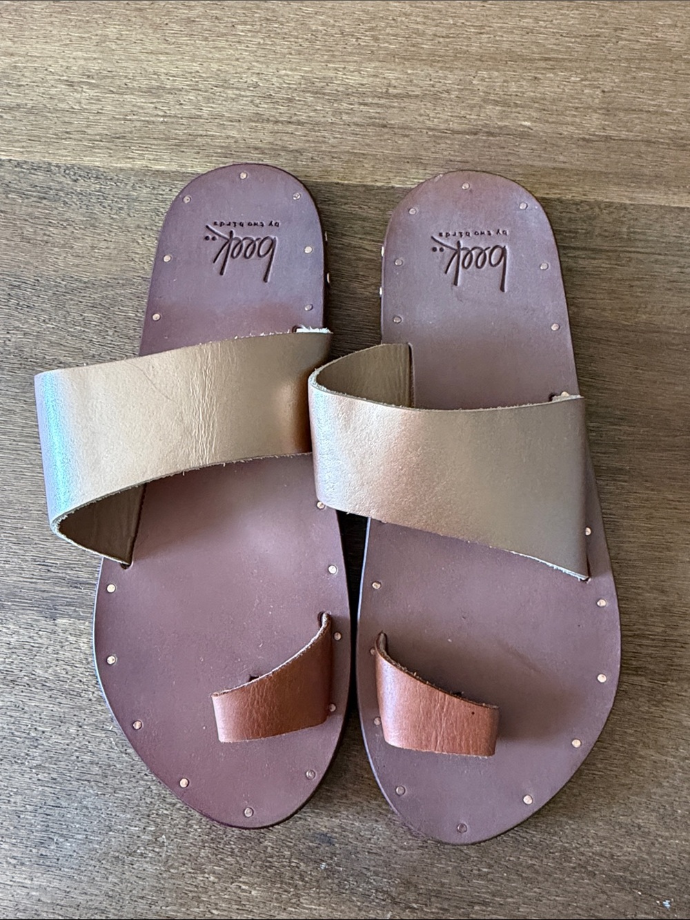 beek Metallic Rose Gold and Brown Leather Slide Sandals